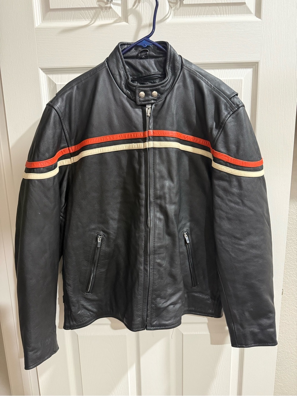 Men's Black Leather Jacket with Red and Cream Racing Stripes